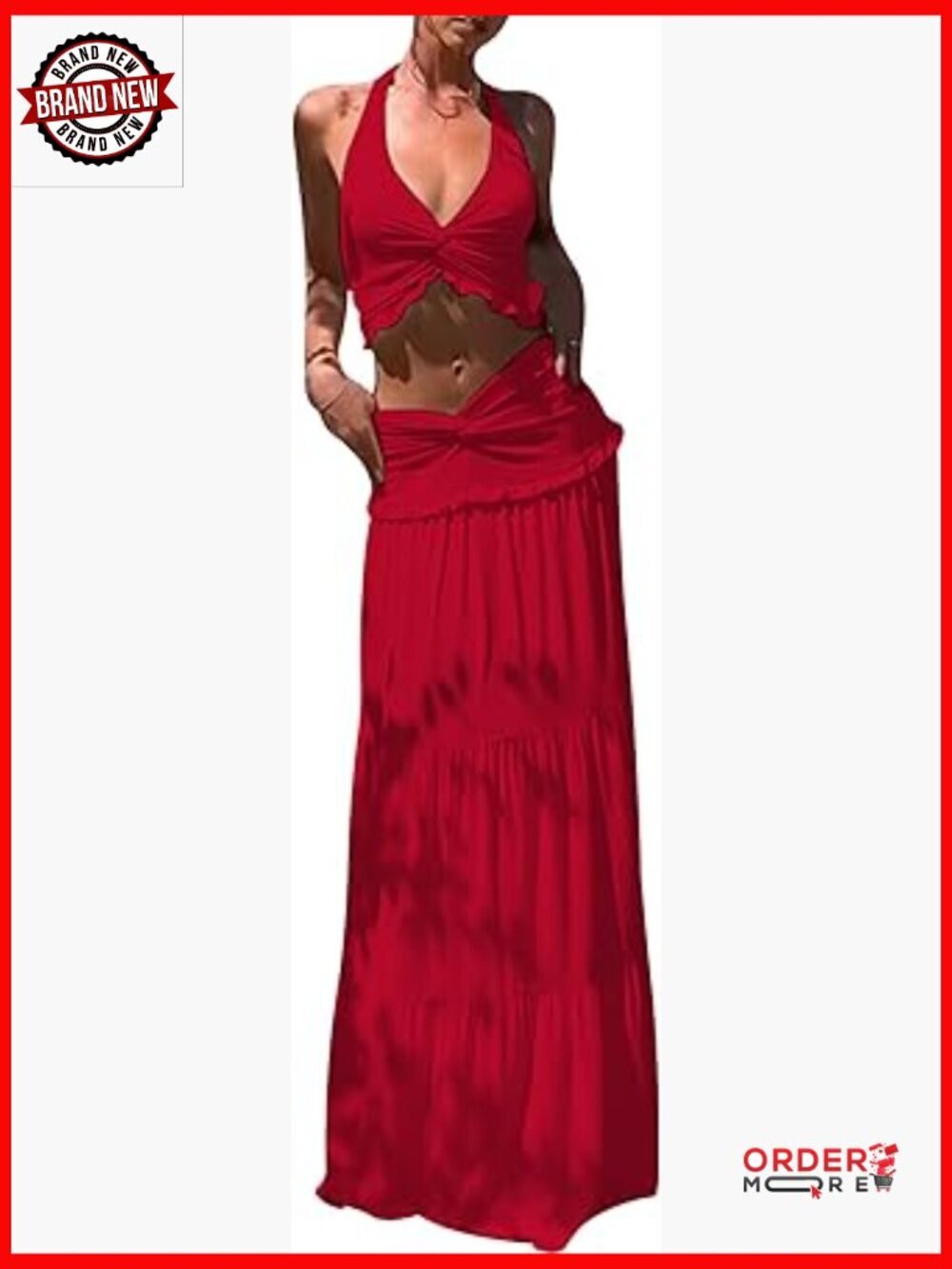 Women's 2 Piece Skirt Set Halter V Neck Top & Flowy Ruffle Maxi Skirt Summer